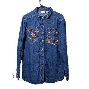 Vtg Bobbie Brooks Chambre Top L 12/14 Buttons 90s Embroidered Country Farm Fall